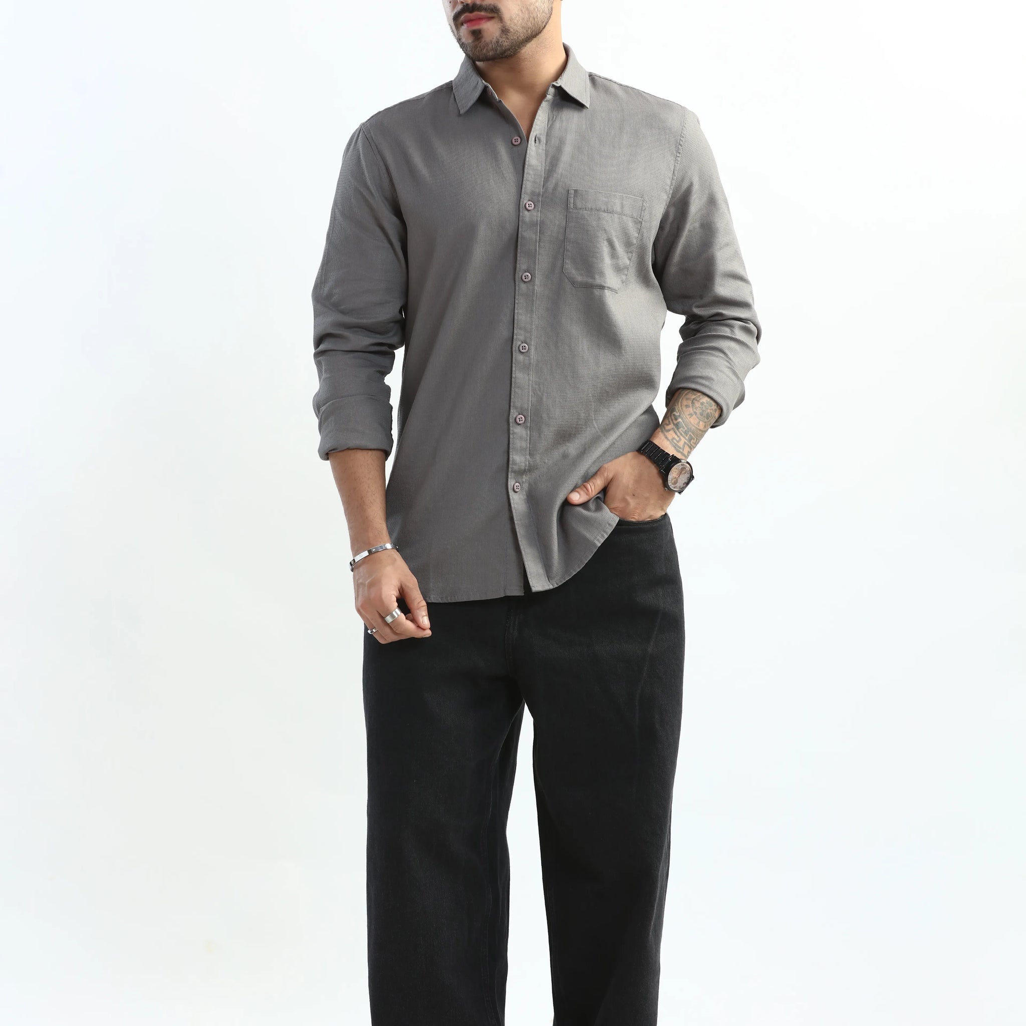 XKIND LIGHT GREY TEXTURED SLIM FIT SHIRT