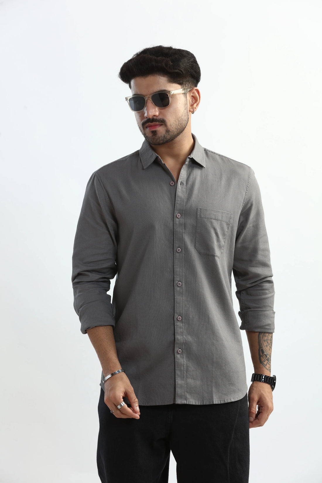 XKIND LIGHT GREY TEXTURED SLIM FIT SHIRT