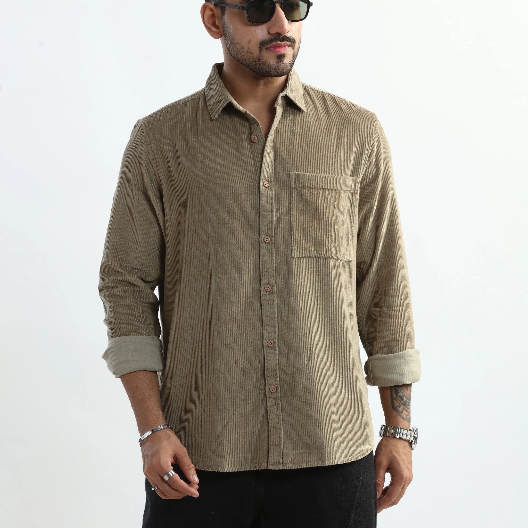 XKIND MEN'S BEIGE CORDUROY REGULAR FIT SHIRT