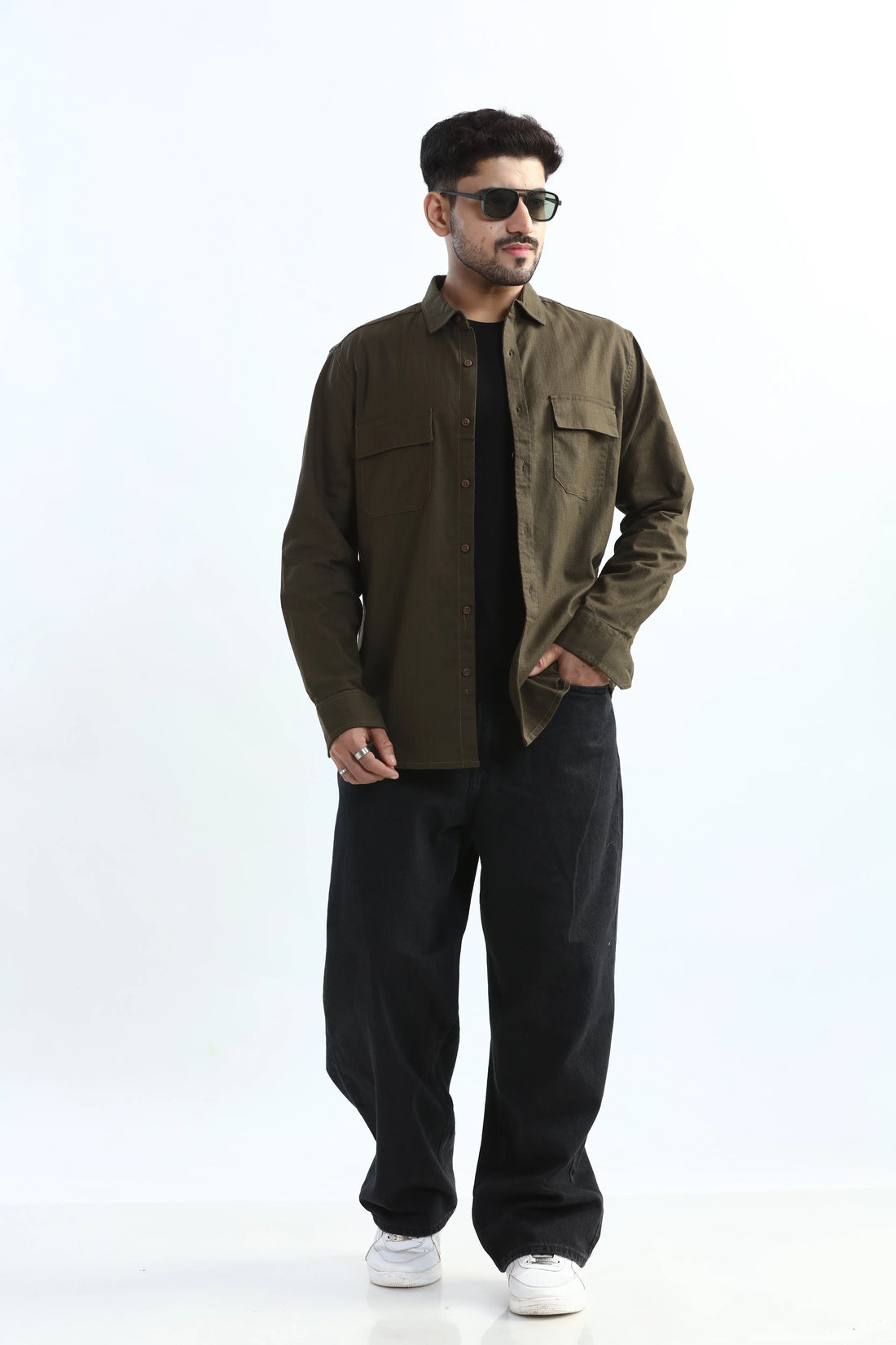DARK OLIVE GREEN TEXTURED REGULAR FIT SHIRT