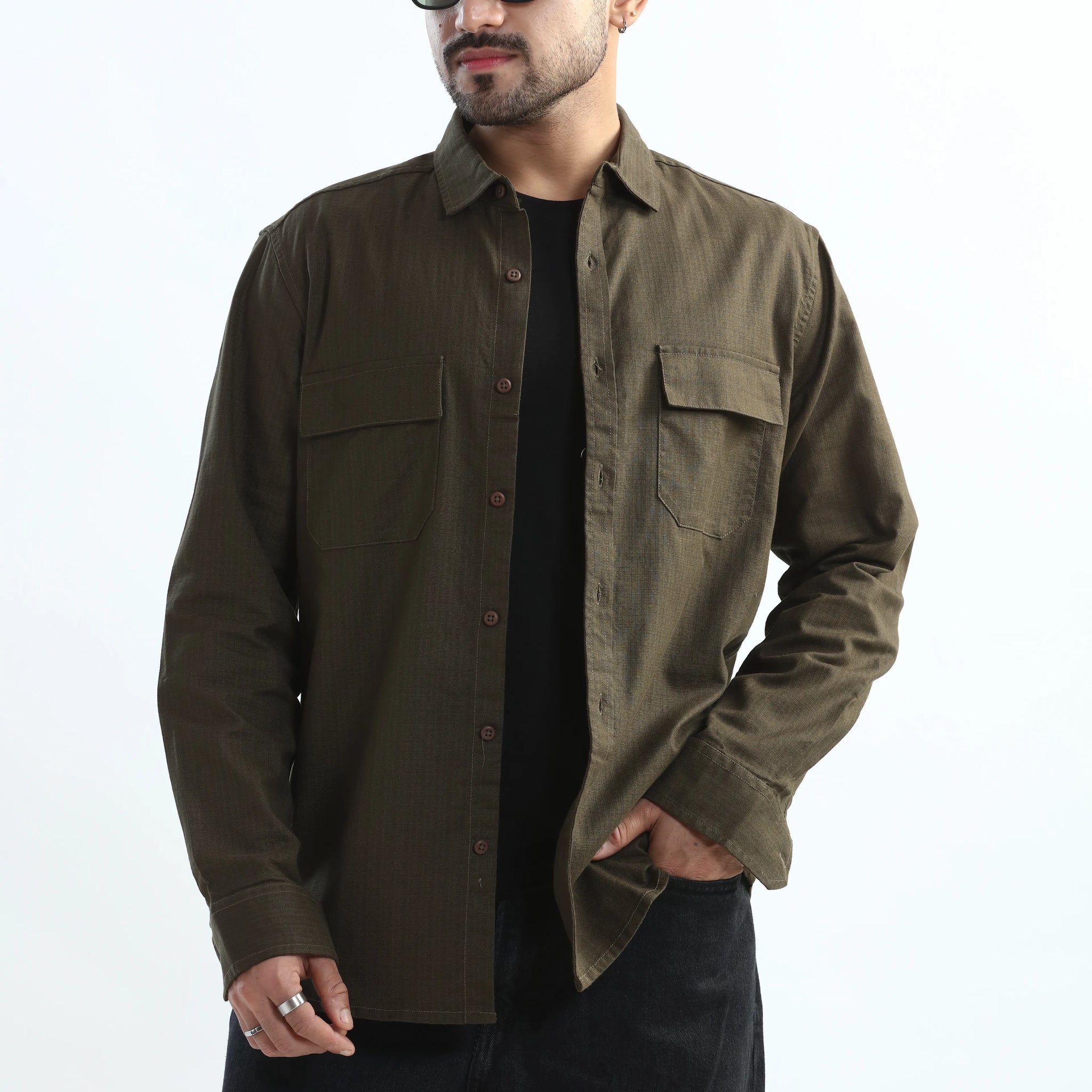 DARK OLIVE GREEN TEXTURED REGULAR FIT SHIRT