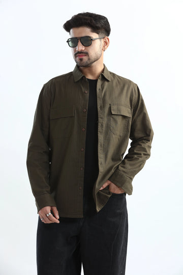 DARK OLIVE GREEN TEXTURED REGULAR FIT SHIRT