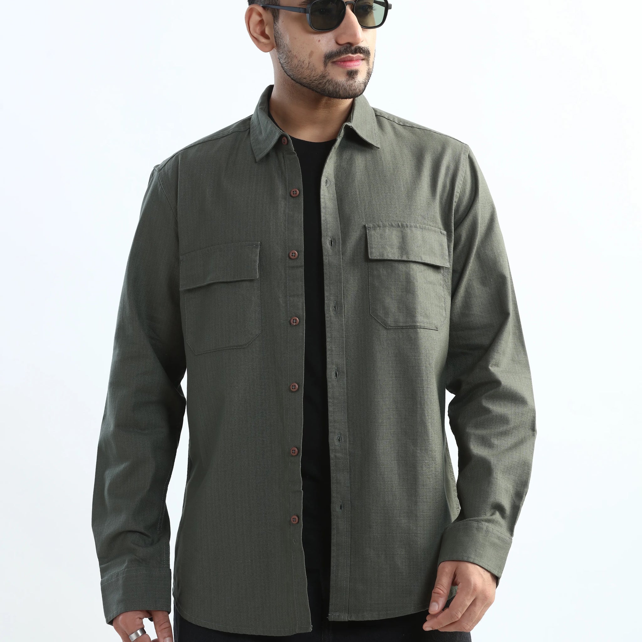 DARK GREEN TEXTURED REGULAT FIT SHIRT/ OVERSHIRT
