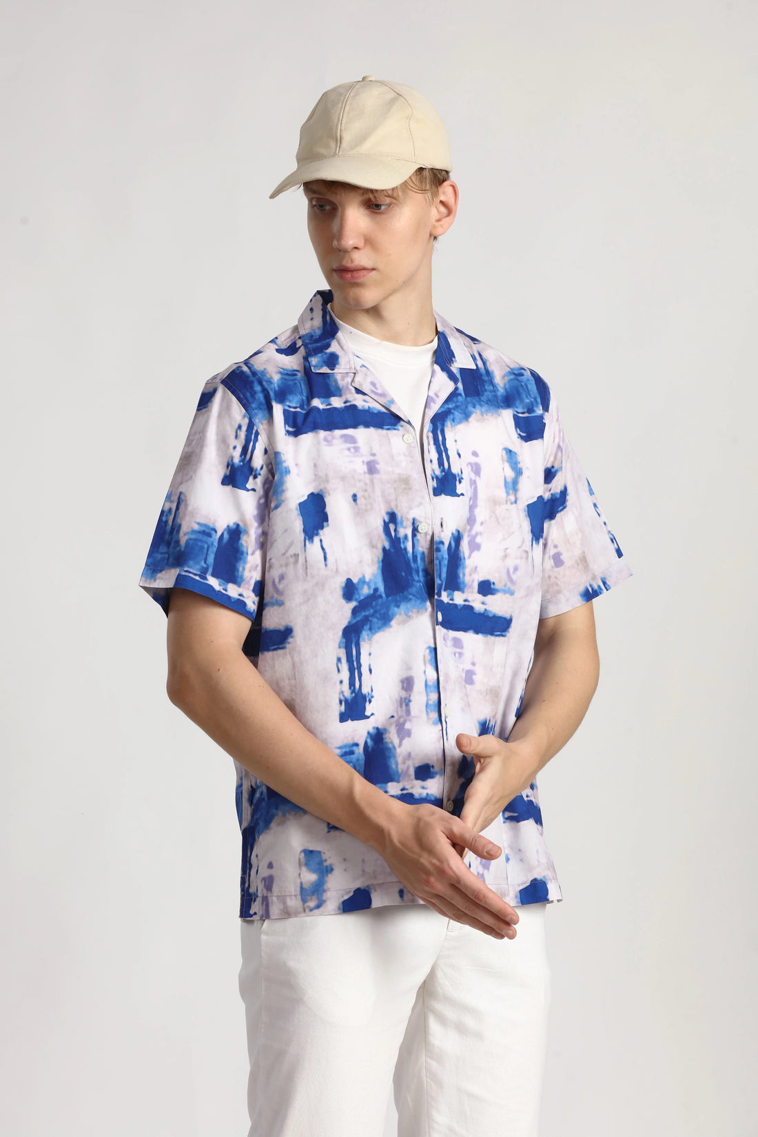 BLUE PRINTED RELAXED FIT COTTON SHIRT