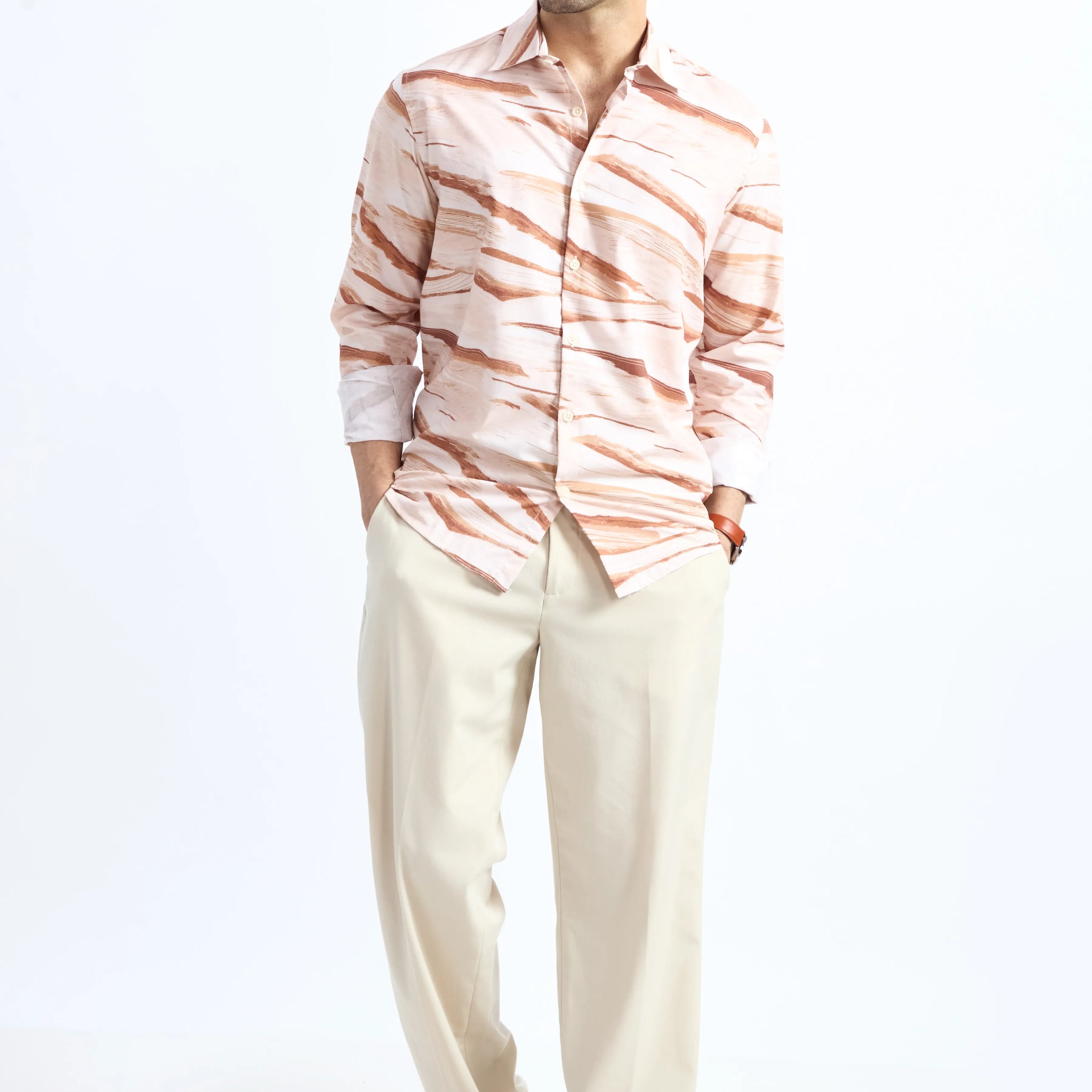 CREAM PRINTED REGULAR FIT TENCEL SHIRT