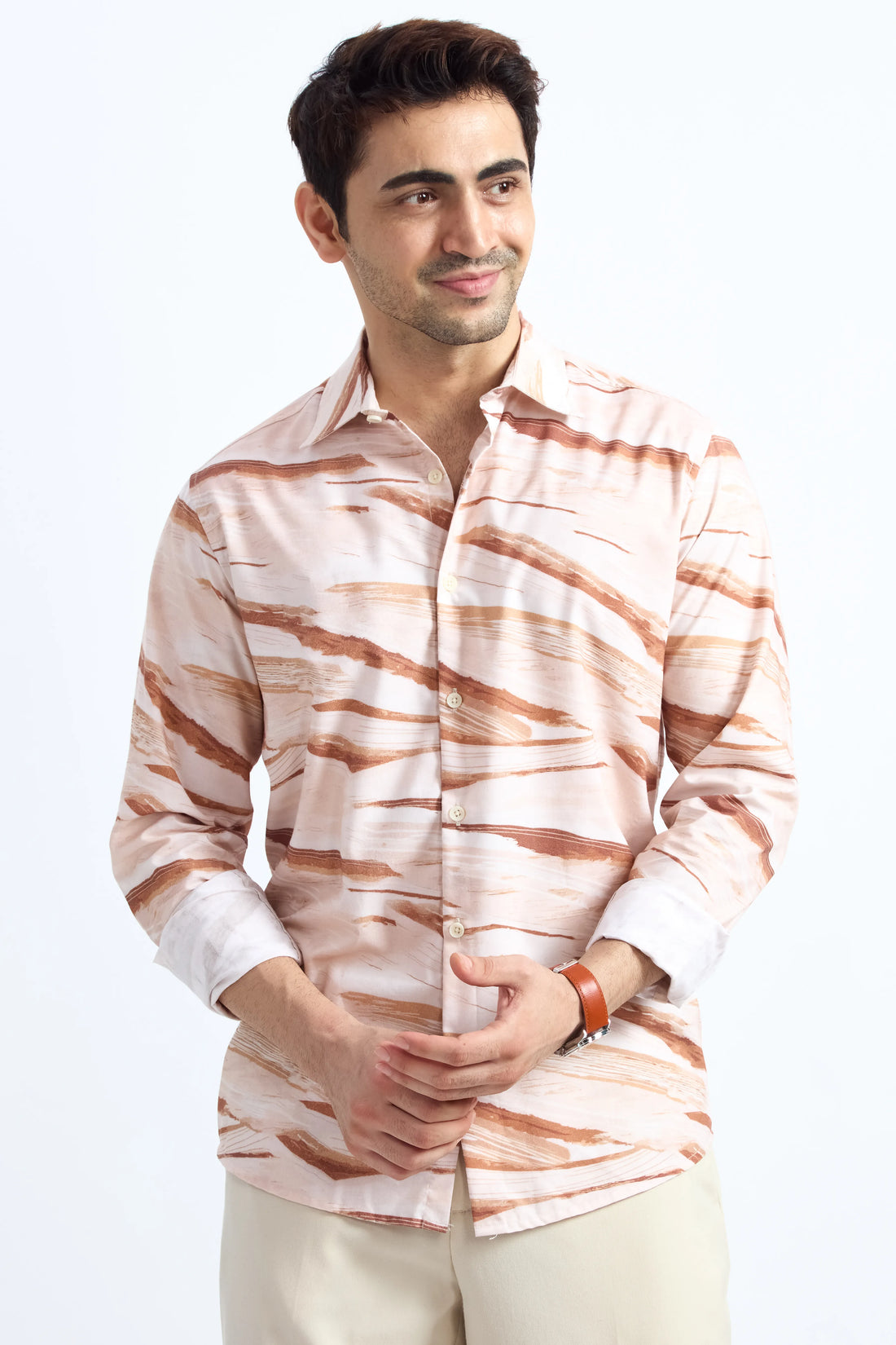 CREAM PRINTED REGULAR FIT TENCEL SHIRT