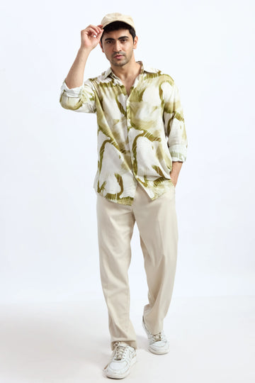 DARK GREEN PRINTED REGULAR FIT VISCOSE SHIRT