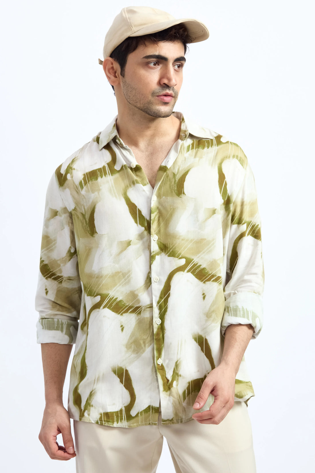 DARK GREEN PRINTED REGULAR FIT VISCOSE SHIRT