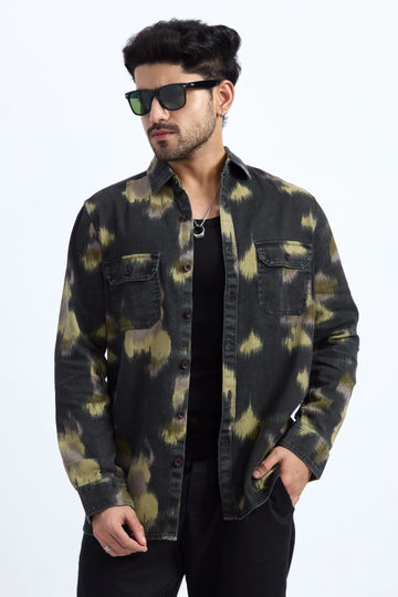 XKIND LIGHT GREEN PRINTED DENIM SHACKET