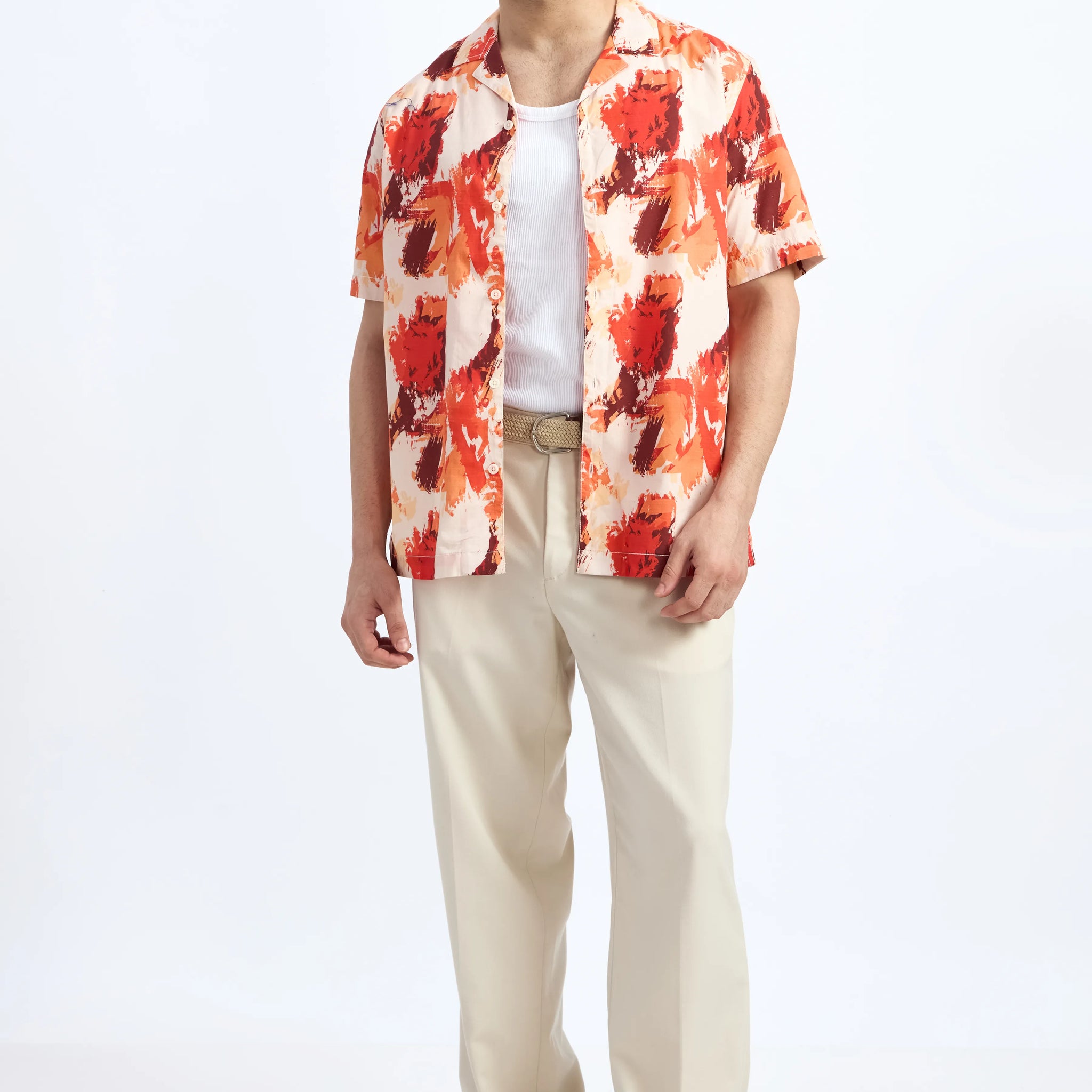 ORANGE PRINTED RELAXED FIT COTTON SHIRT