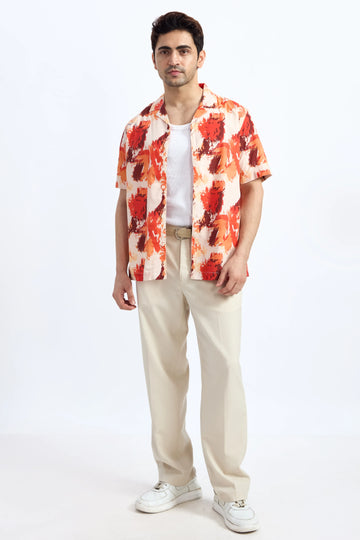 ORANGE PRINTED RELAXED FIT COTTON SHIRT