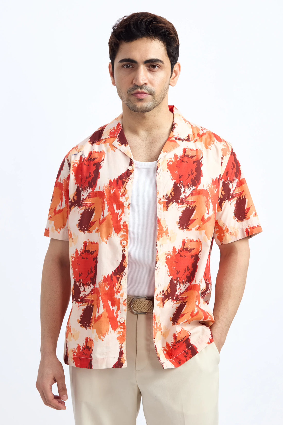 ORANGE PRINTED RELAXED FIT COTTON SHIRT
