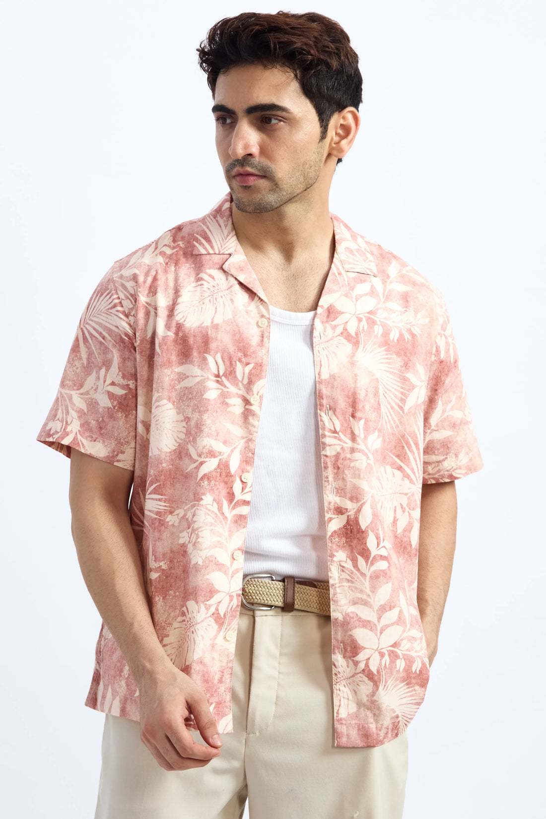 LIGHT RED PRINTED RELAXED FIT COTTON SHIRT