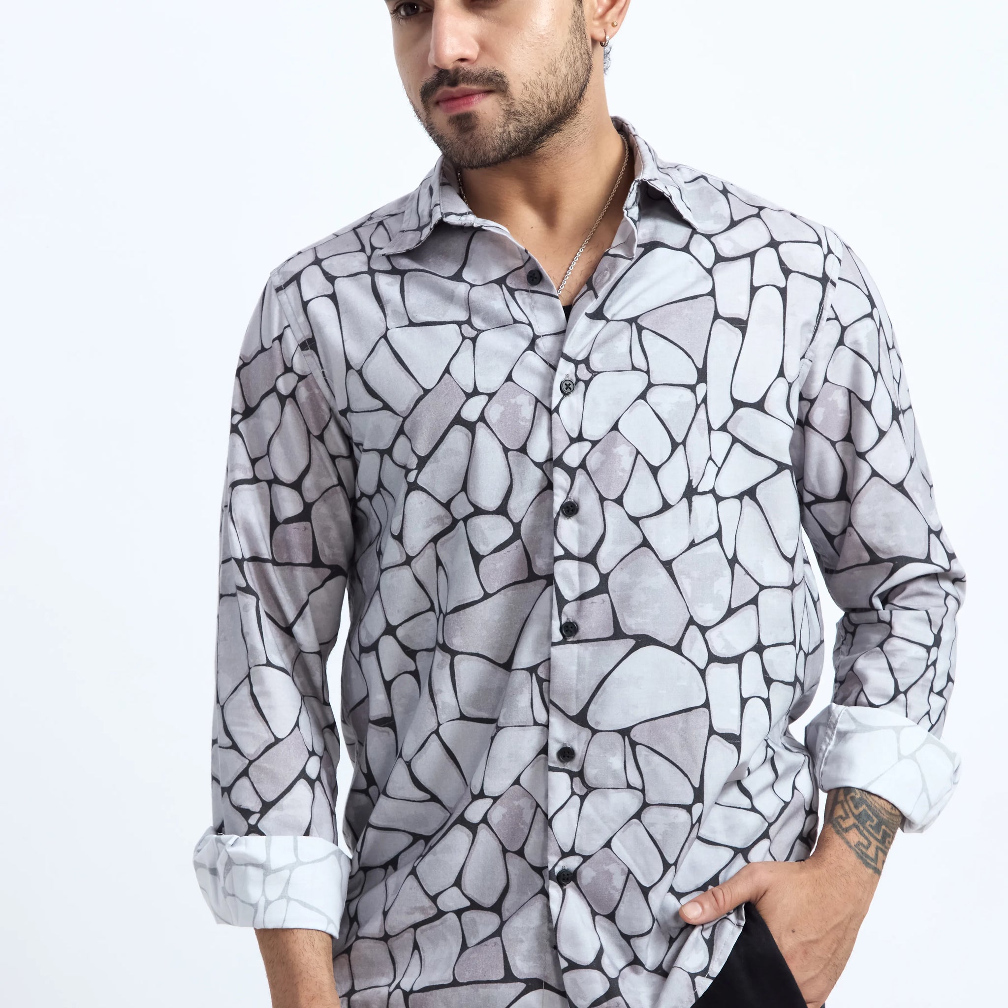 LIGHT GREY PRINTED REGULAR FIT TENCEL SHIRT