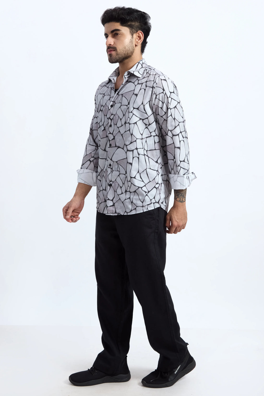 LIGHT GREY PRINTED REGULAR FIT TENCEL SHIRT
