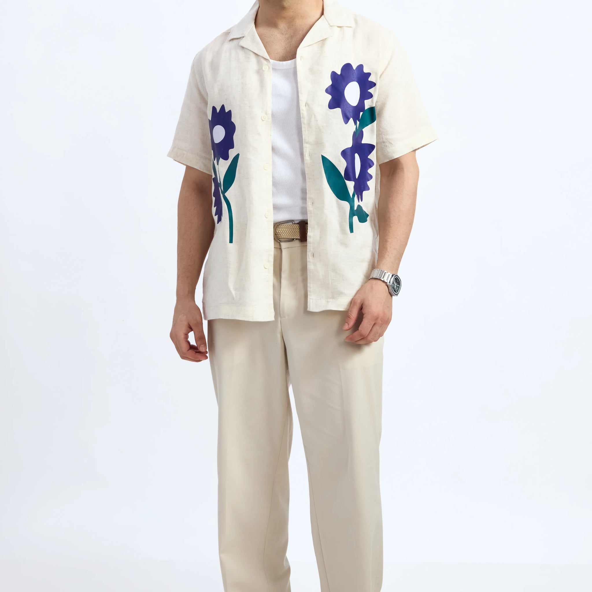 SUNFLOWER LINEN BLEND PRINTED CUBAN SHIRT