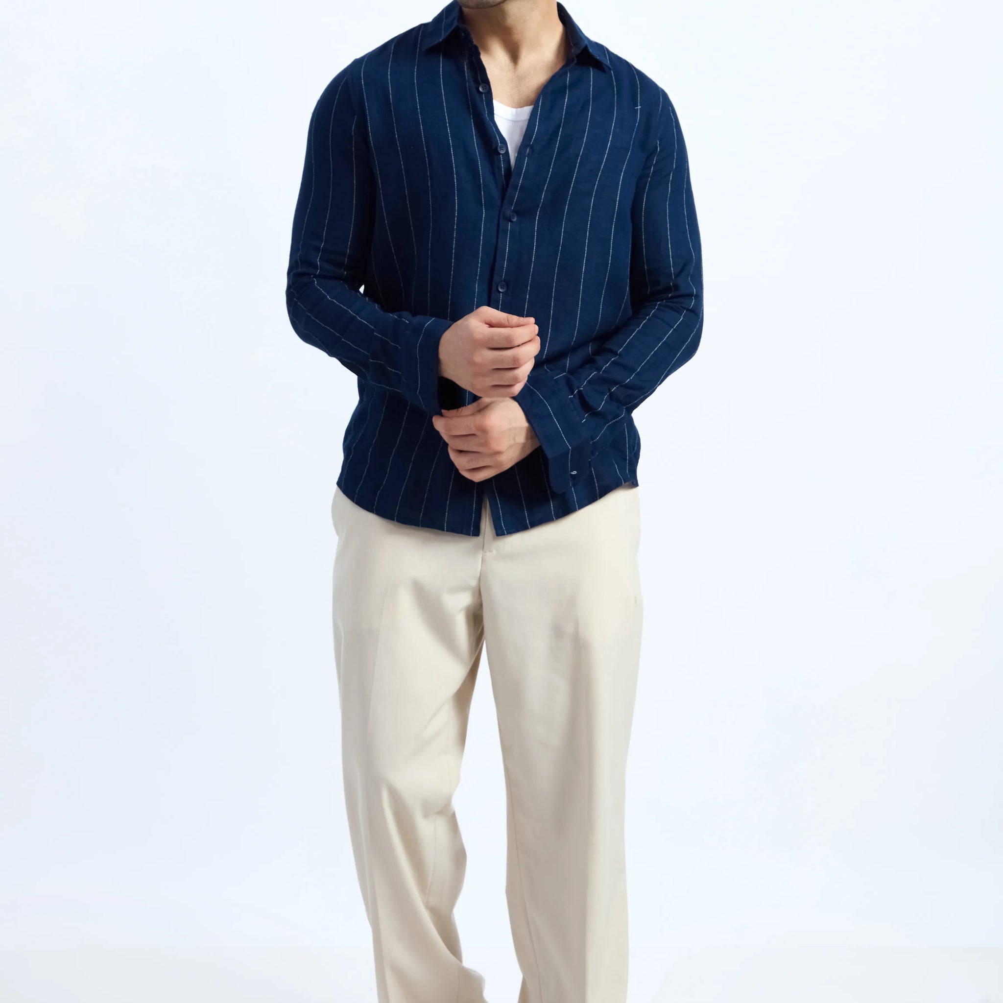 NAVY BLUE PINSTRIPE COTTON TEXTURED SHIRT