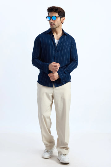NAVY BLUE PINSTRIPE COTTON TEXTURED SHIRT