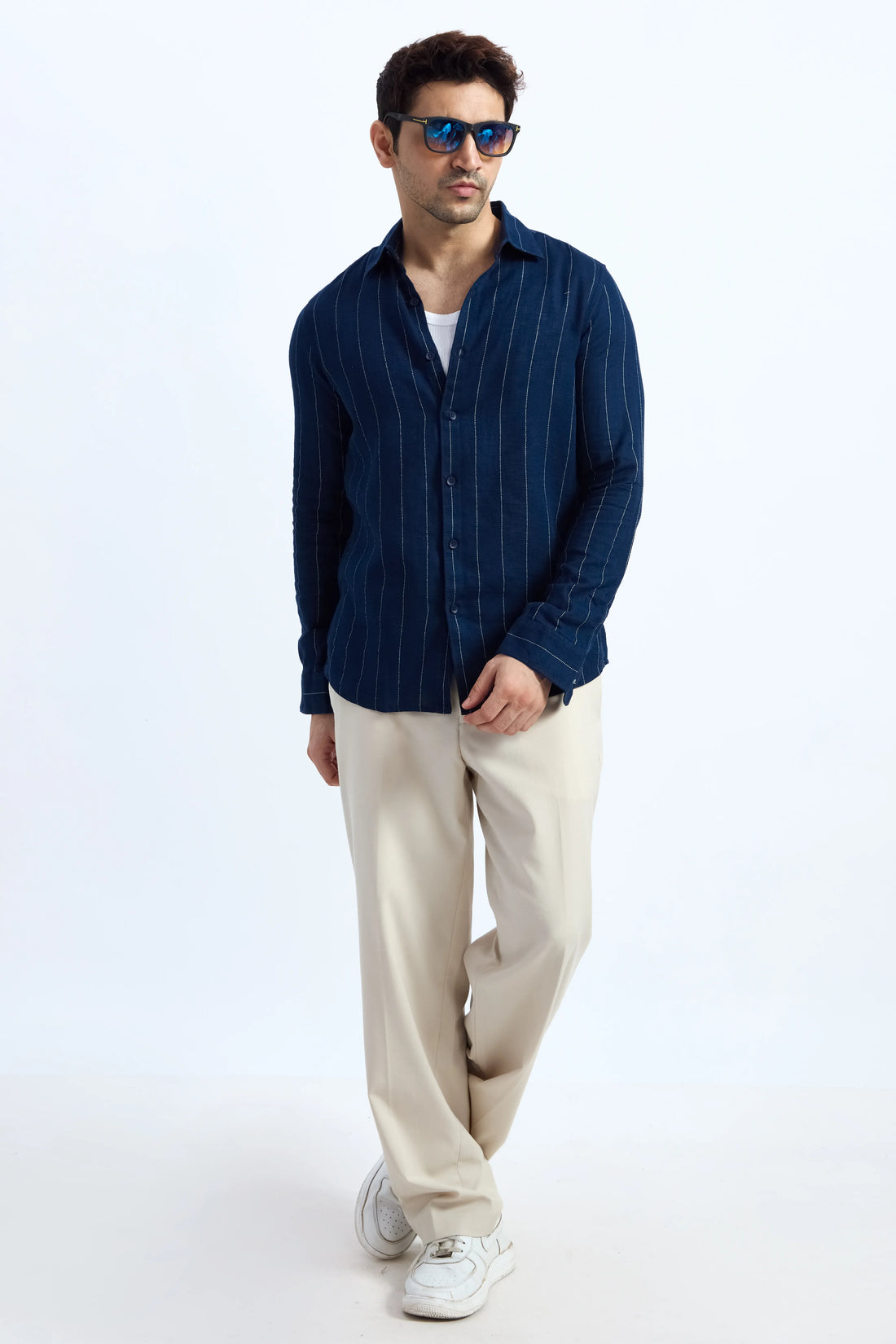 NAVY BLUE PINSTRIPE COTTON TEXTURED SHIRT