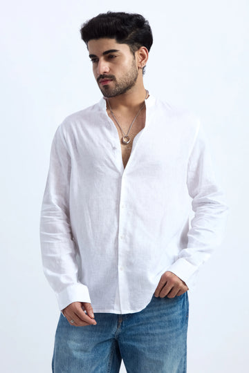WHITE LINEN BLEND MANDARIN SHIRT