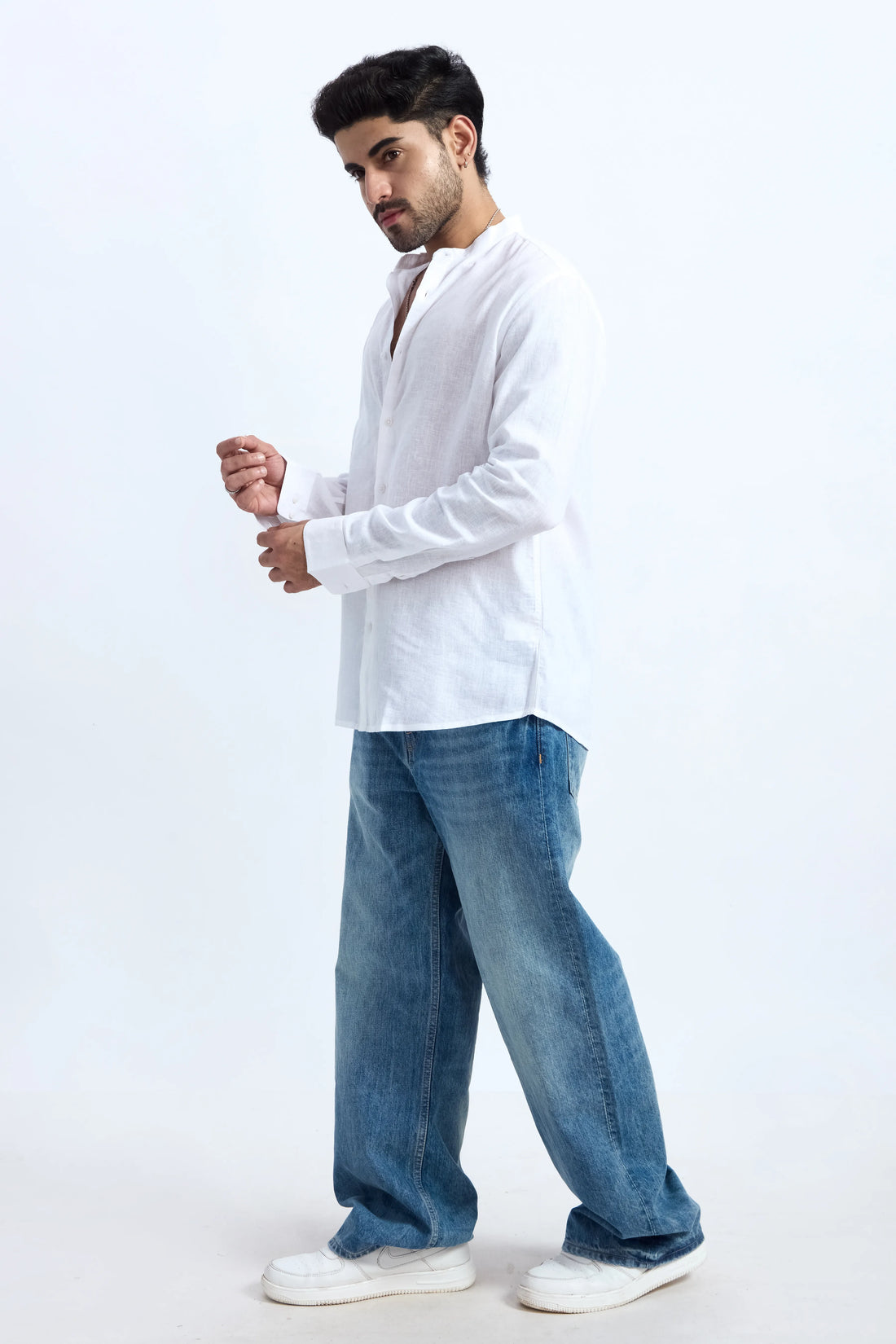 WHITE LINEN BLEND MANDARIN SHIRT