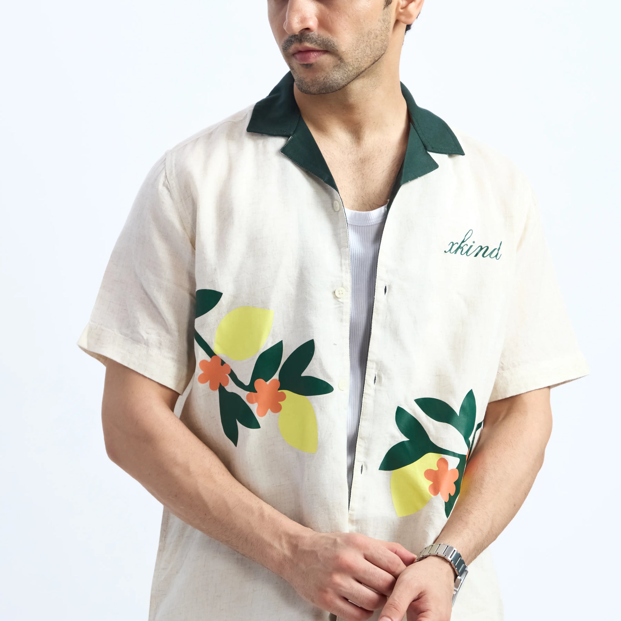 SUMMER LEAVES LINEN BLEND PRINTED CUBAN SHIRT