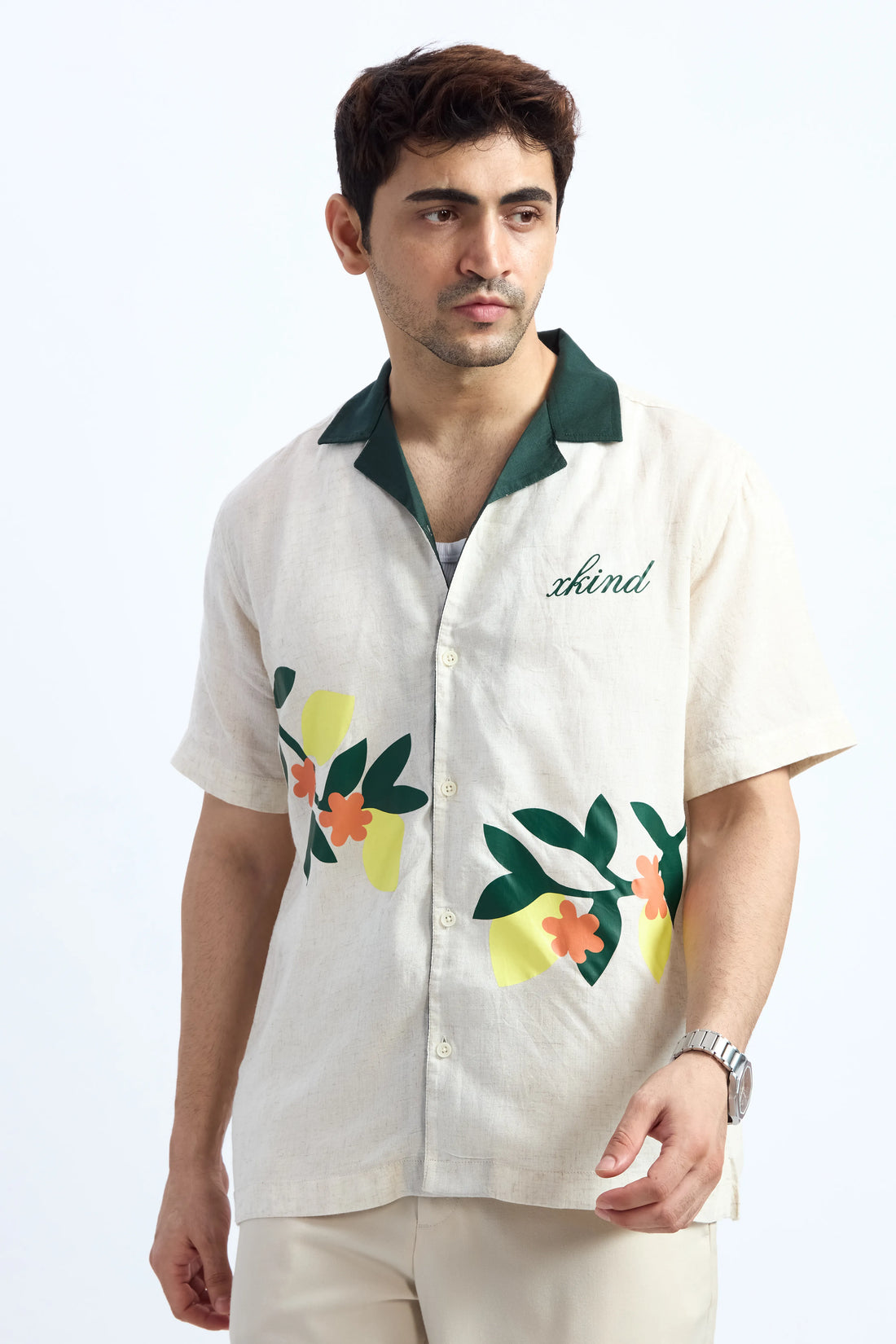 SUMMER LEAVES LINEN BLEND PRINTED CUBAN SHIRT