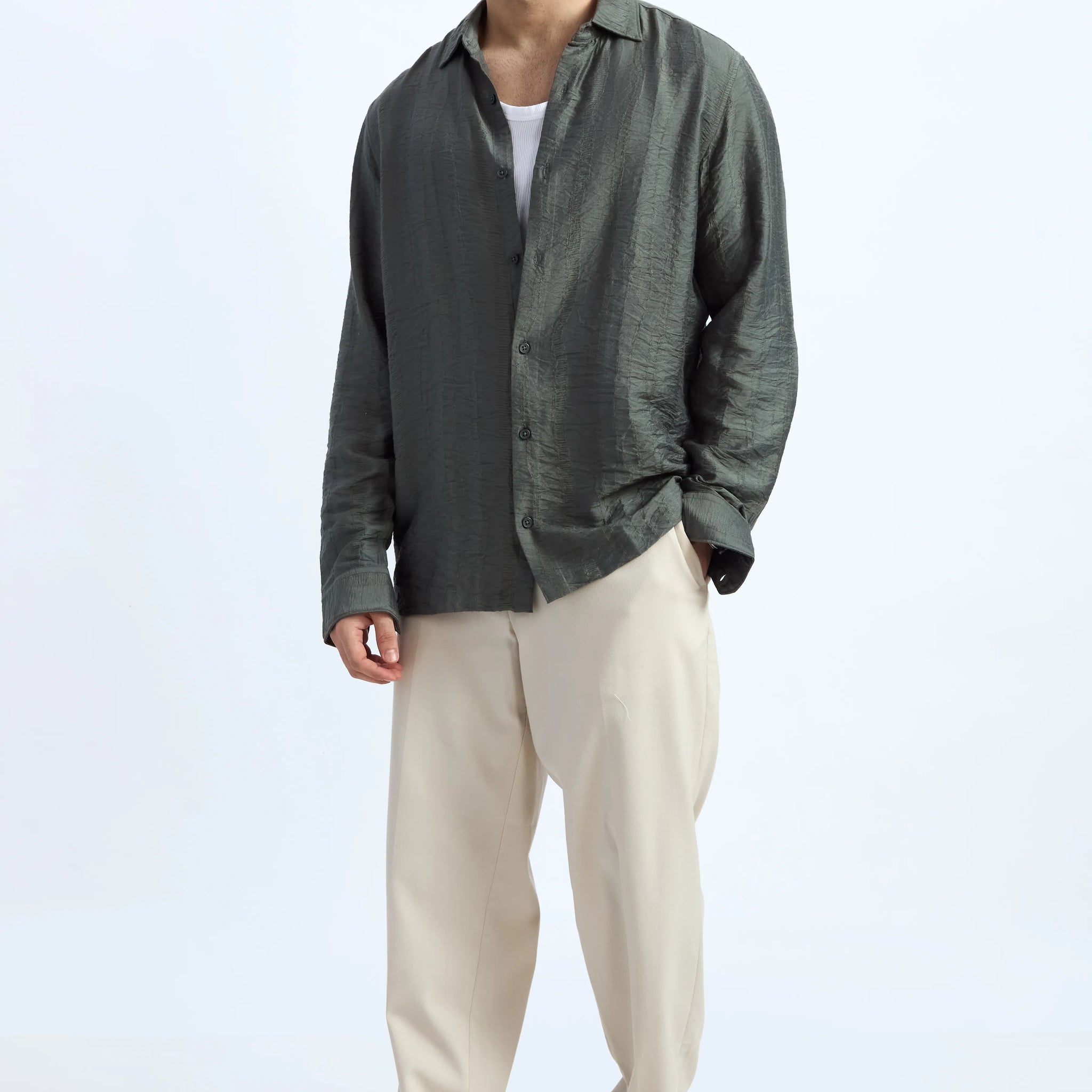 OLIVE JACQUARD FLOWING SHIRT