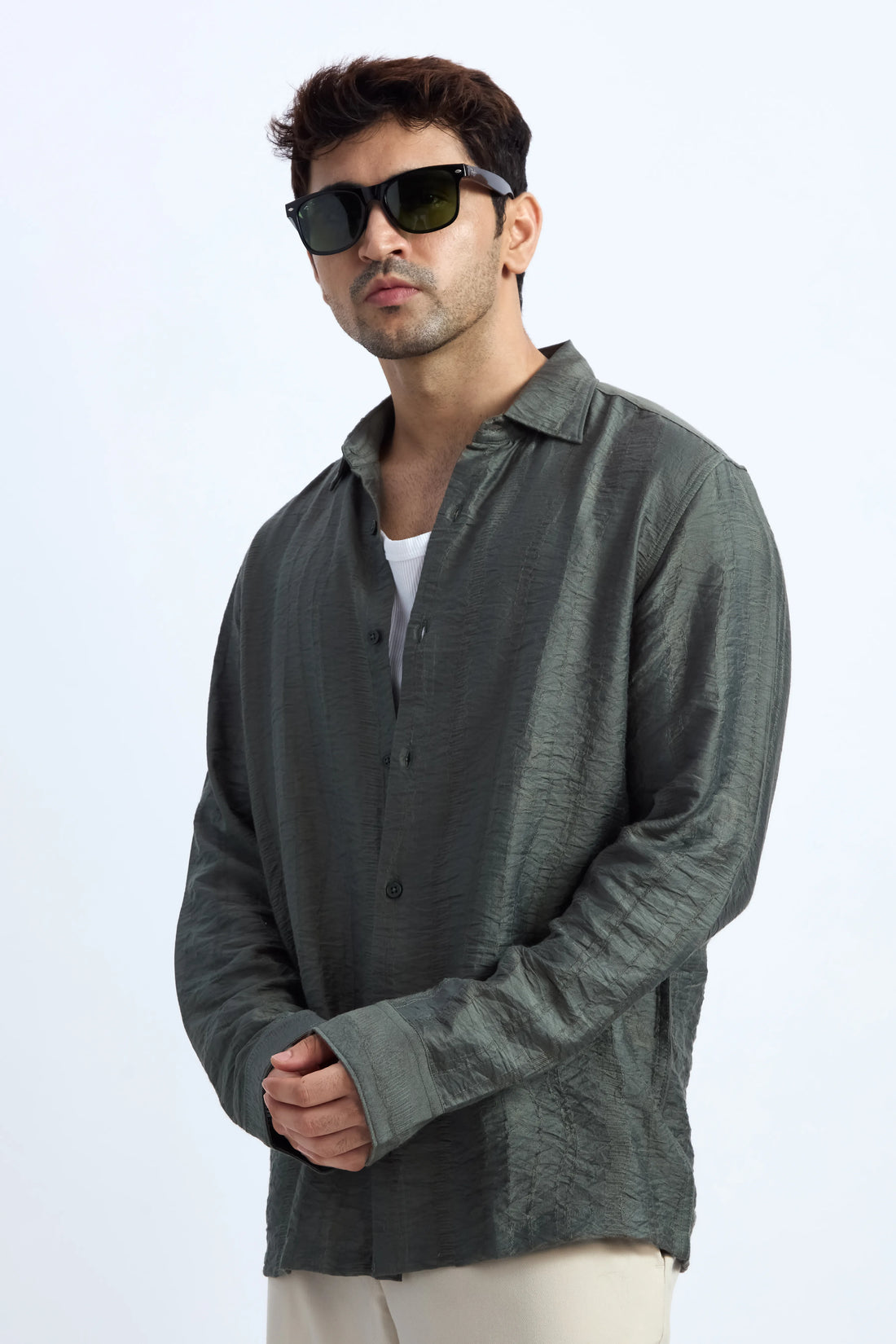 OLIVE JACQUARD FLOWING SHIRT