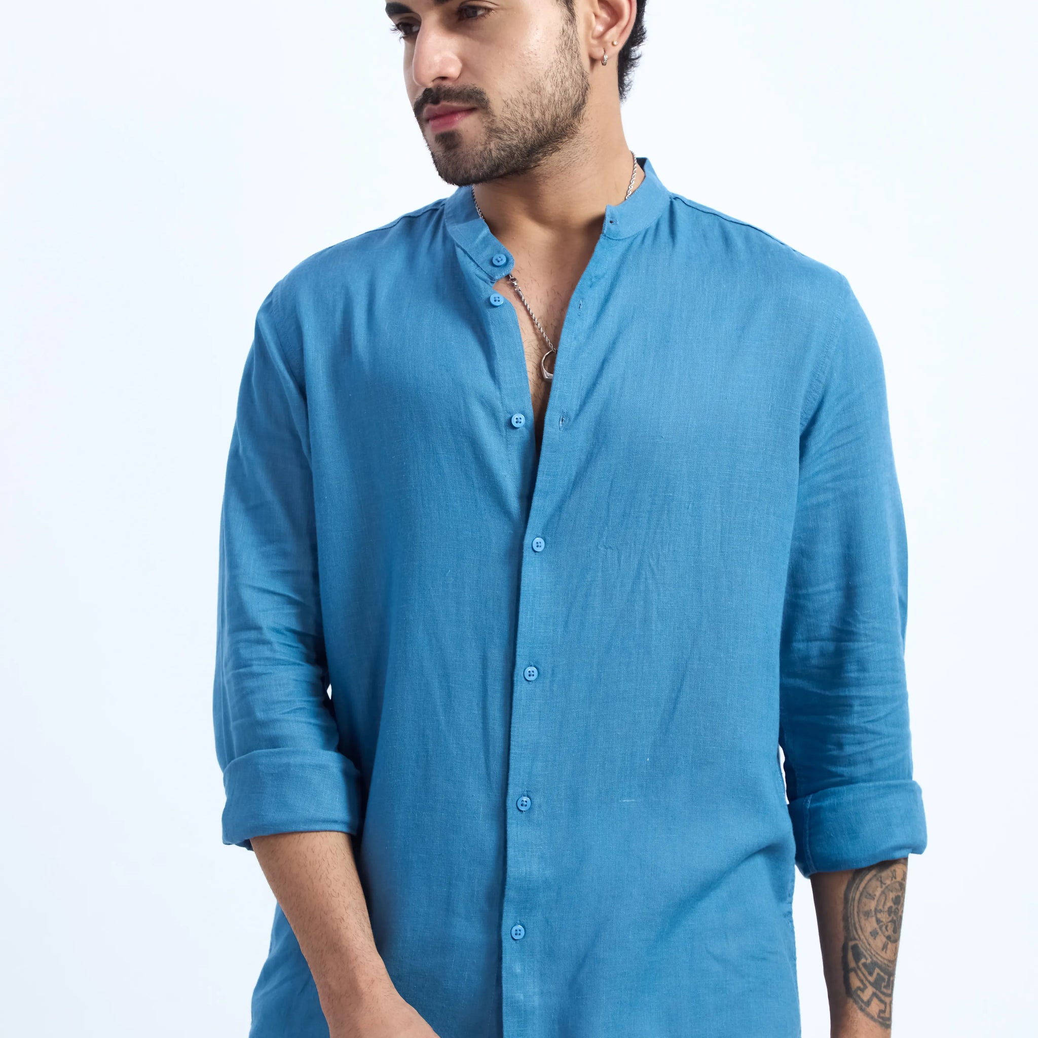 STEEL BLUE LINEN BLEND MANDARIN COLLAR SHIRT