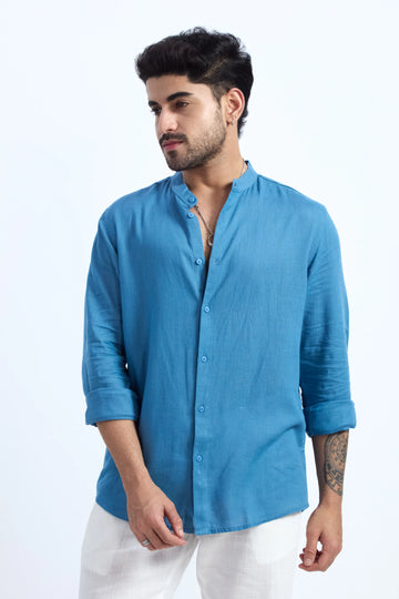 STEEL BLUE LINEN BLEND MANDARIN COLLAR SHIRT