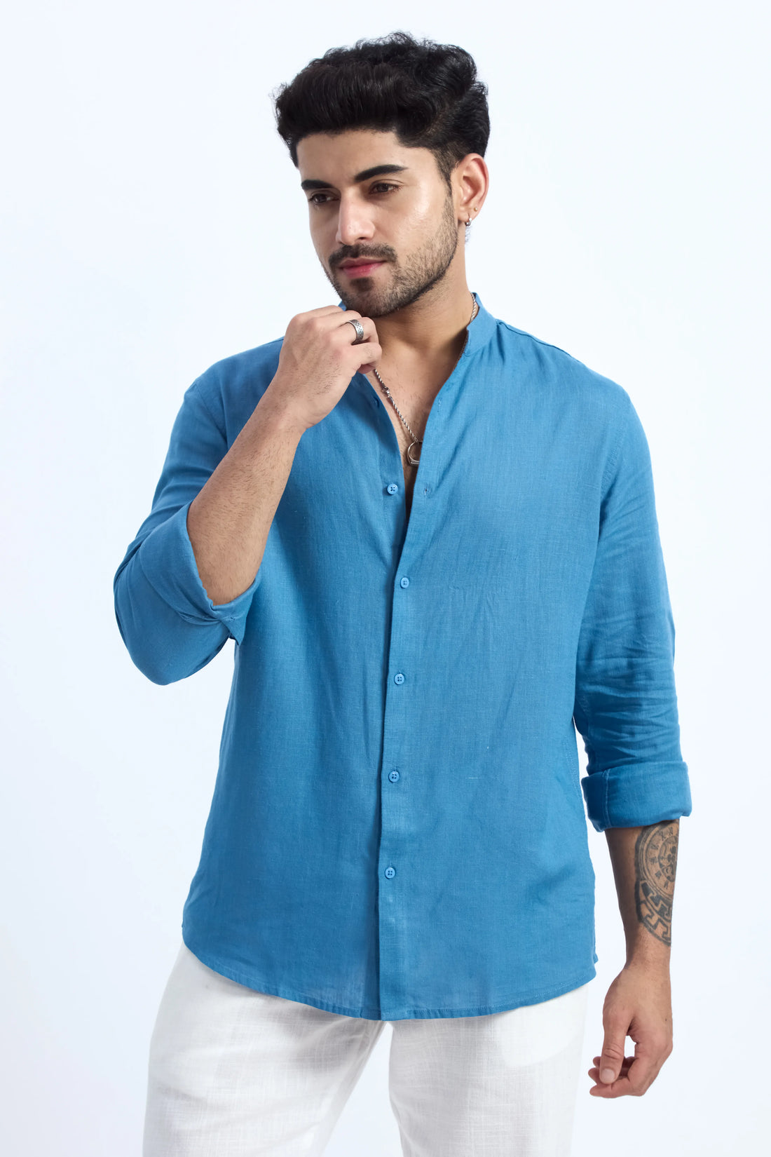 STEEL BLUE LINEN BLEND MANDARIN COLLAR SHIRT