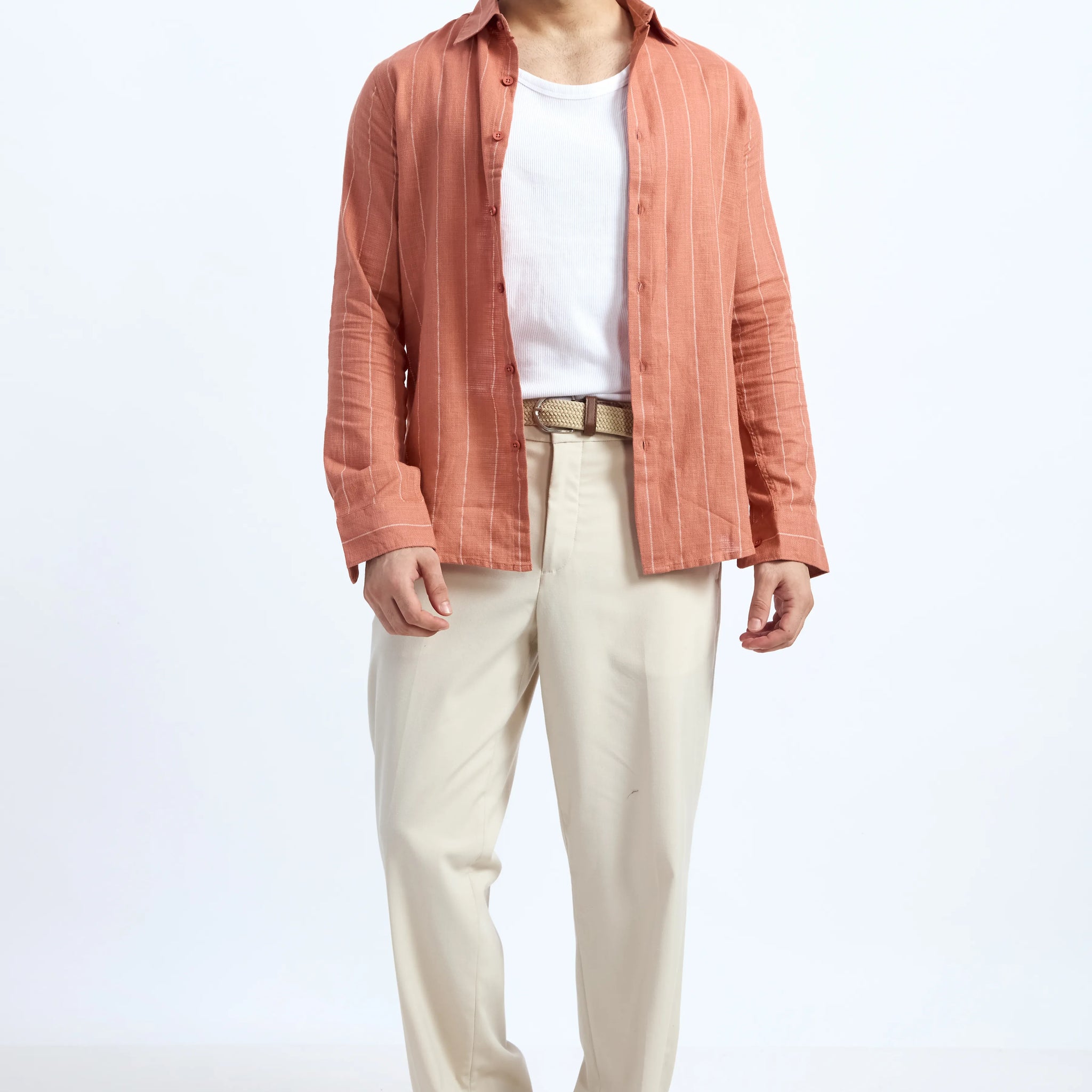 ORANGE PINSTRIPE COTTON TEXTURED SHIRT