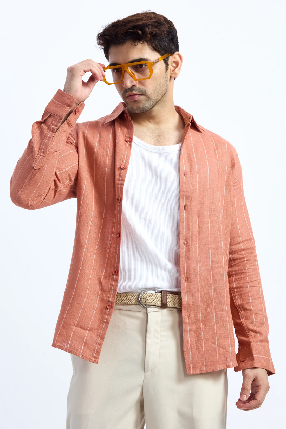 ORANGE PINSTRIPE COTTON TEXTURED SHIRT