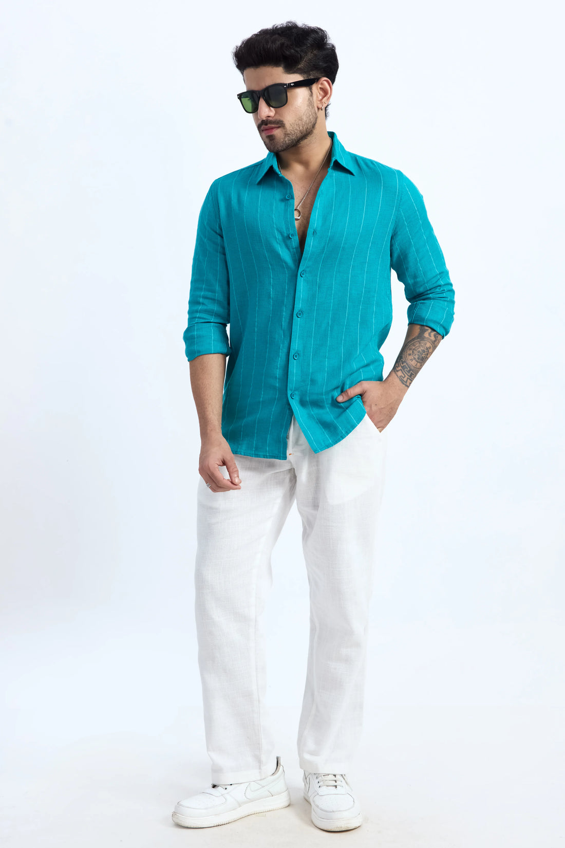 AQUA BLUE PINSTRIPE COTTON TEXTURED SHIRT