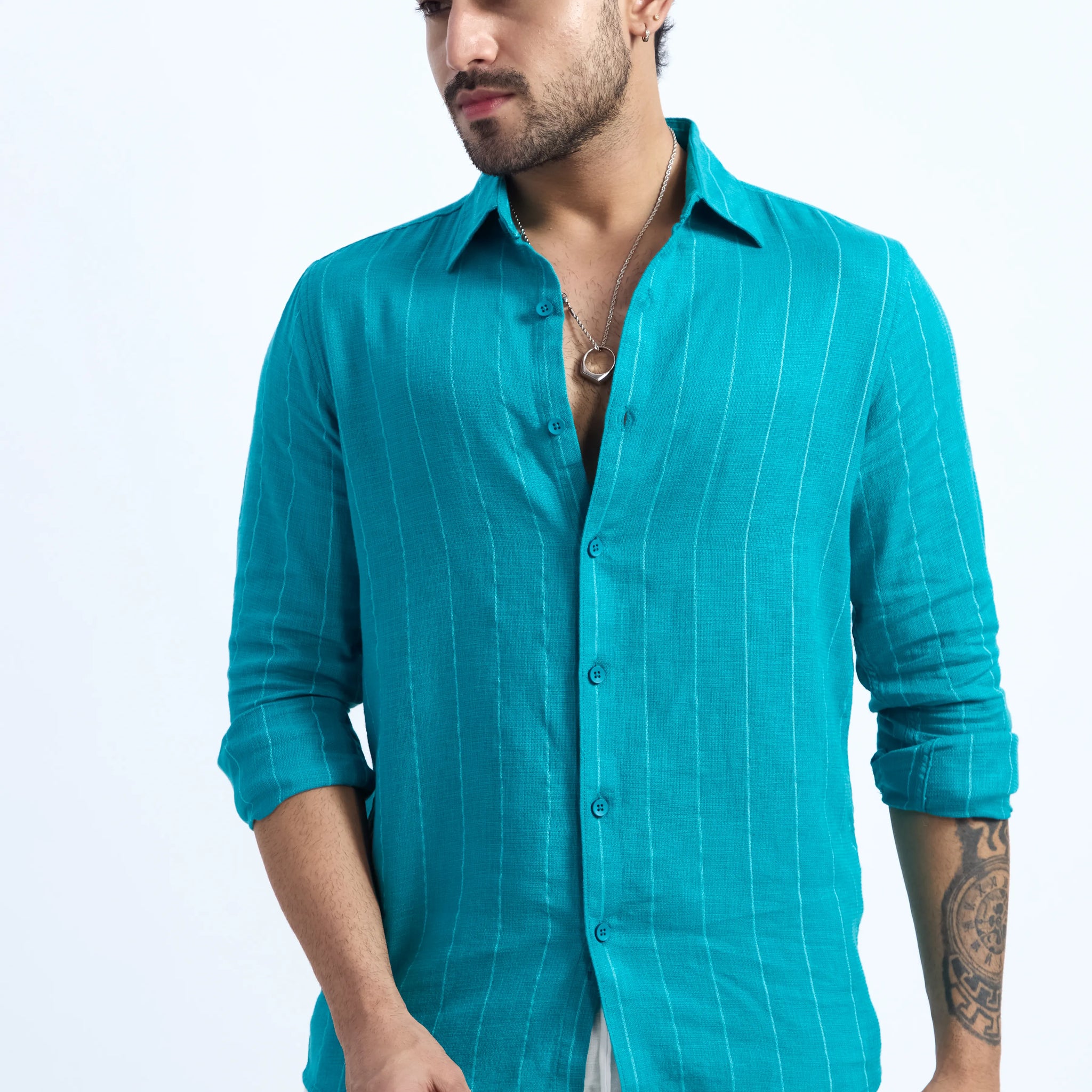 AQUA BLUE PINSTRIPE COTTON TEXTURED SHIRT