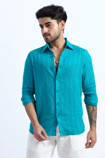 AQUA BLUE PINSTRIPE COTTON TEXTURED SHIRT