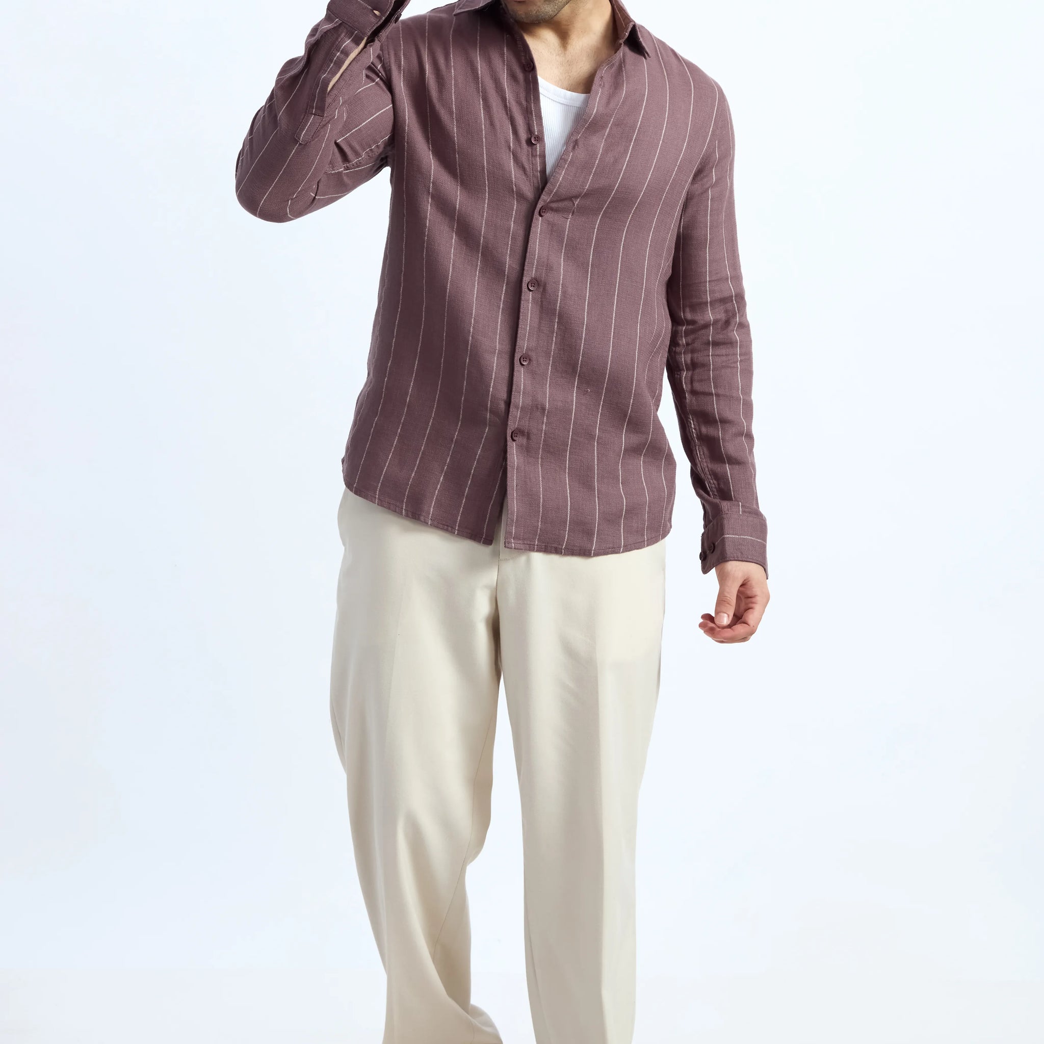 MOCHA MOUSSE PINSTRIPE COTTON TEXTURED SHIRT