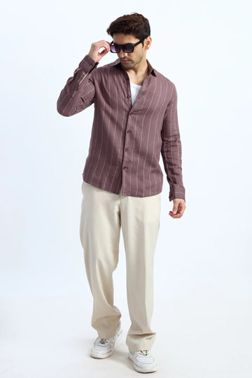 MOCHA MOUSSE PINSTRIPE COTTON TEXTURED SHIRT