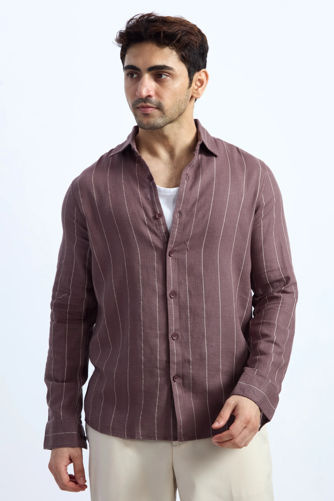 MOCHA MOUSSE PINSTRIPE COTTON TEXTURED SHIRT