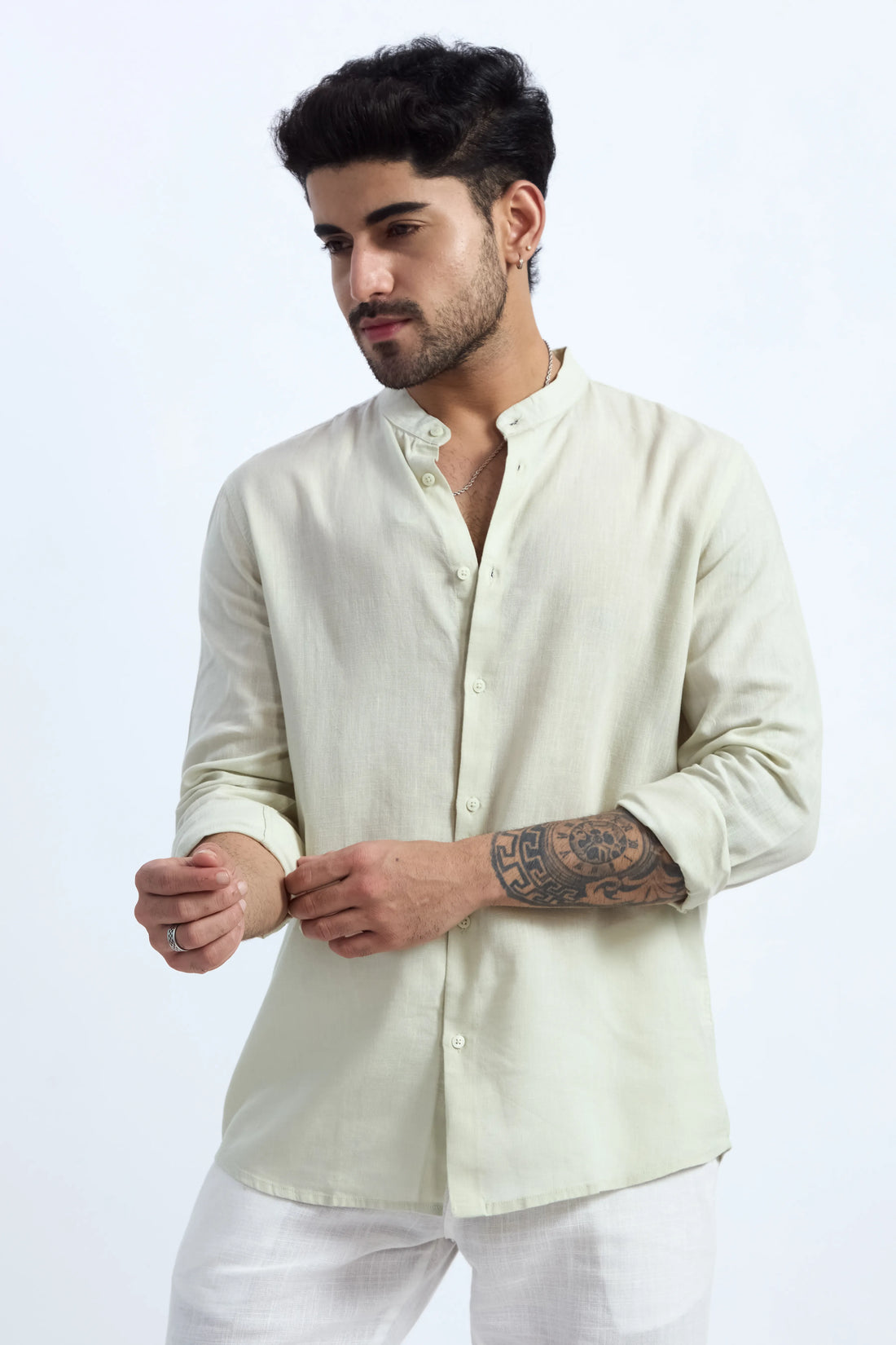 TEA GREEN LINEN BLEND MANDARIN COLLAR SHIRT