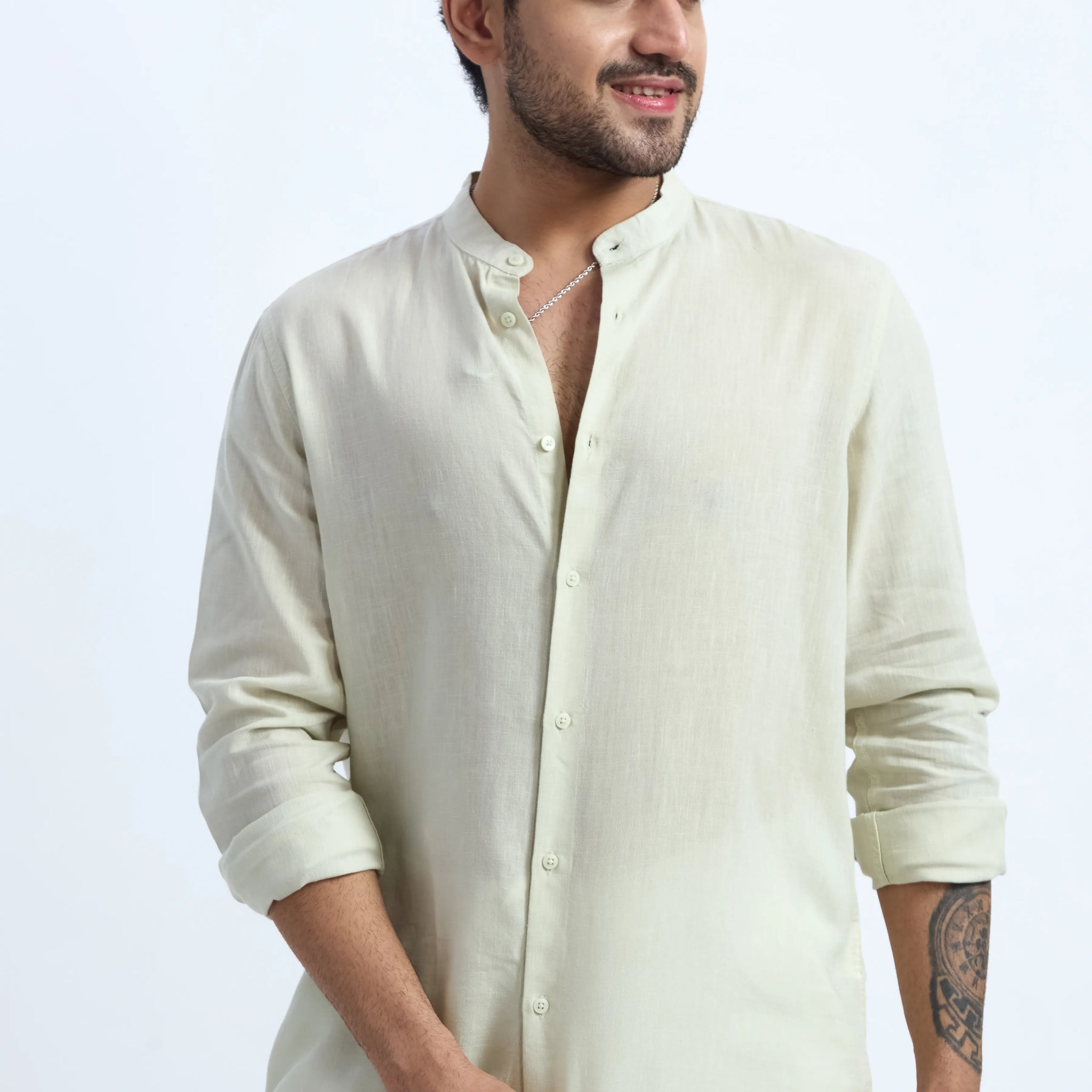 TEA GREEN LINEN BLEND MANDARIN COLLAR SHIRT