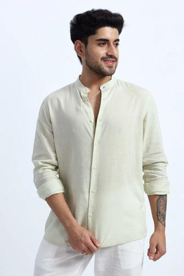 TEA GREEN LINEN BLEND MANDARIN COLLAR SHIRT