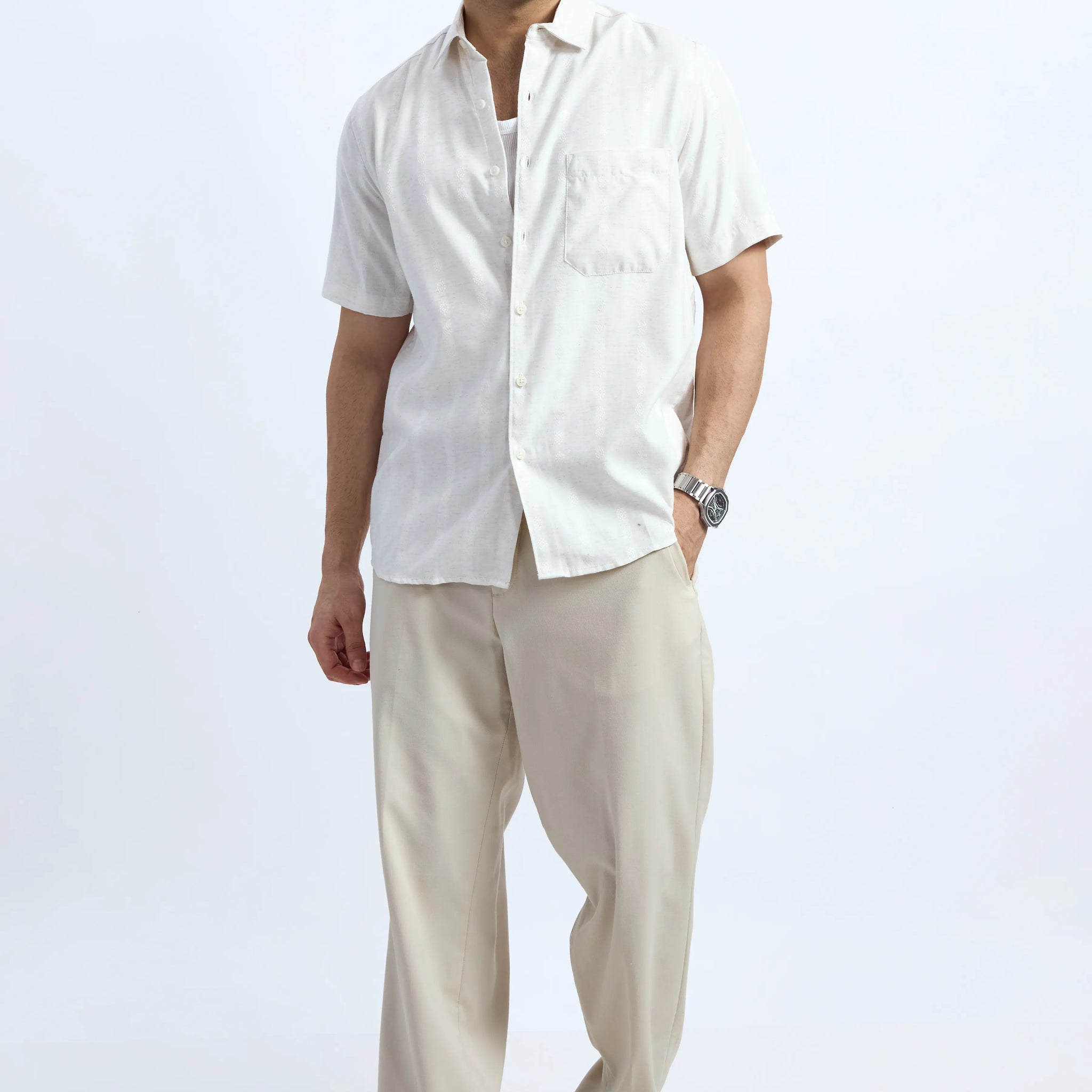 XKIND OFF WHITE SELF STRIPES REGULAR FIT SHIRT