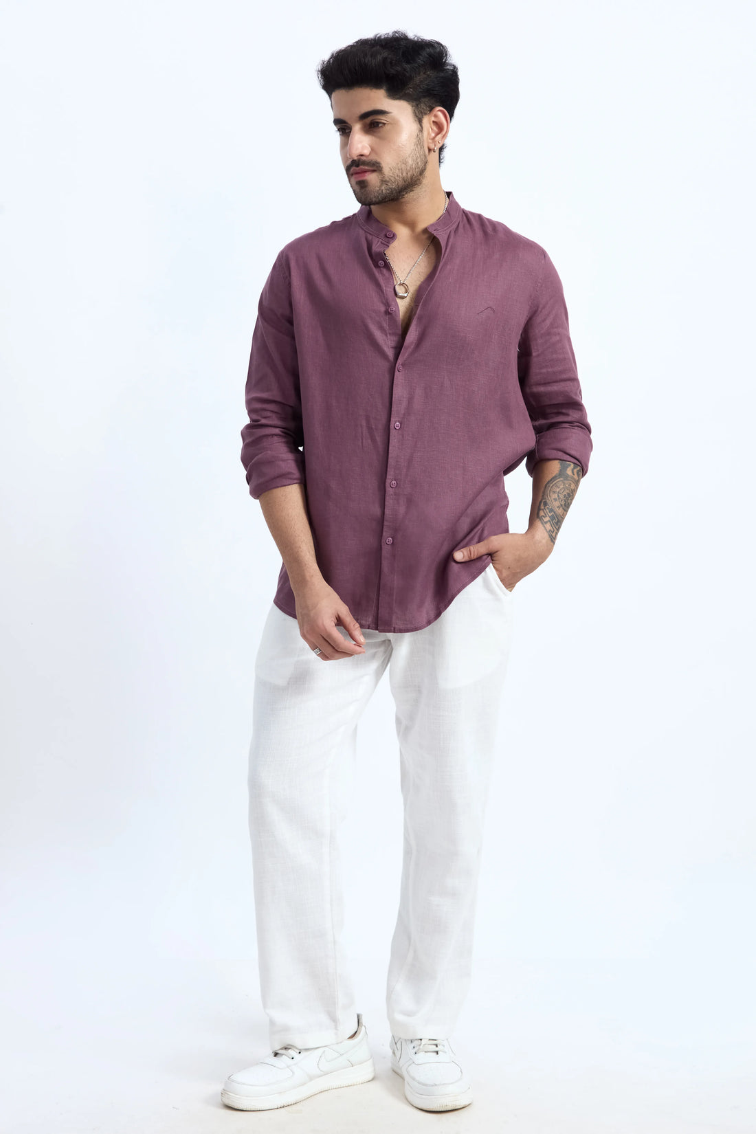 DARK MAUVE LINEN BLEND MANDARIN SHIRT