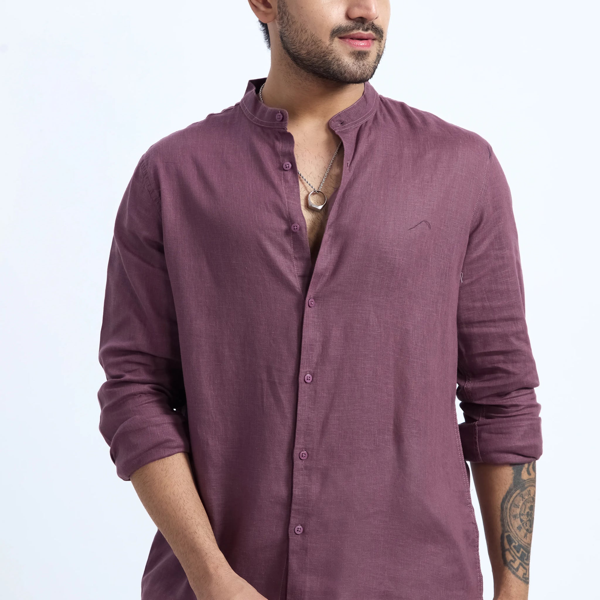 DARK MAUVE LINEN BLEND MANDARIN SHIRT