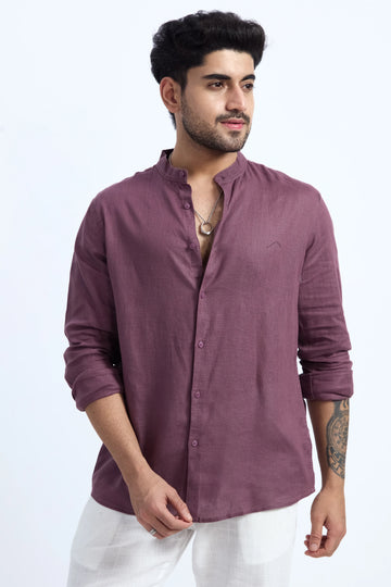 DARK MAUVE LINEN BLEND MANDARIN SHIRT