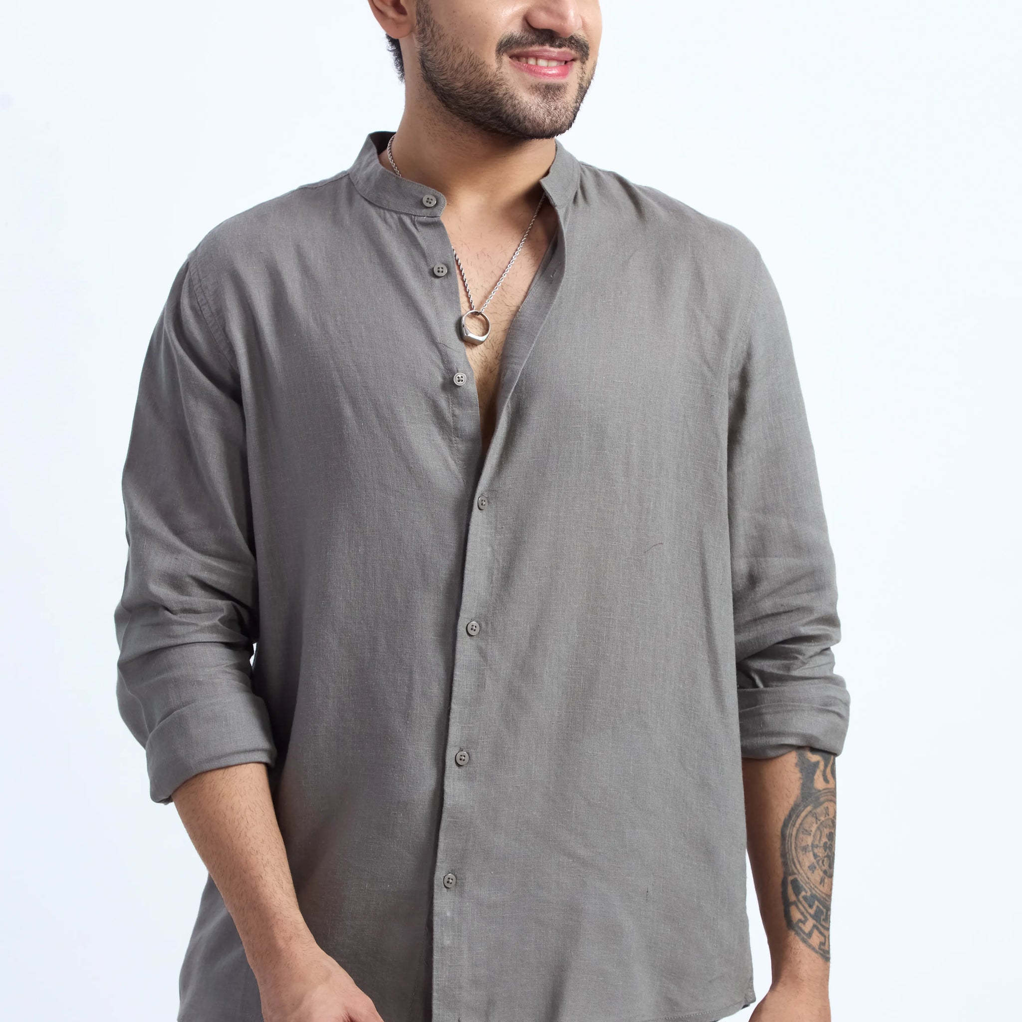 OLIVE LINEN BLEND MANDARIN SHIRT