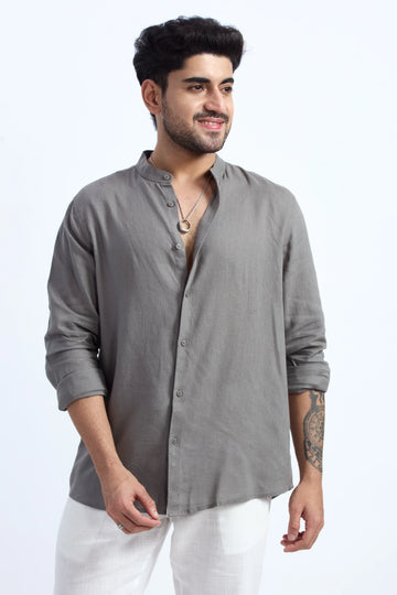 OLIVE LINEN BLEND MANDARIN SHIRT