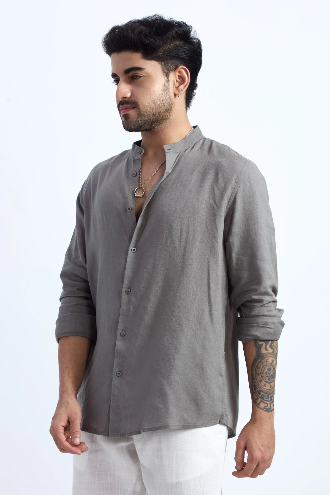 OLIVE LINEN BLEND MANDARIN SHIRT